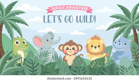 Jungle Adventure zoo. Childrens animals, safari background. Cute animals in the jungle. Illustration in flat style, invitation, postcard