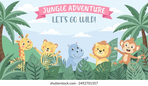 Jungle Adventure zoo. Childrens animals, safari background. Cute animals in the jungle. Illustration in flat style, invitation, postcard