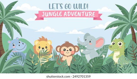 Jungle Adventure zoo. Childrens animals, safari background. Cute animals in the jungle. Illustration in flat style, invitation, postcard