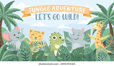 Jungle Adventure zoo. Childrens animals, safari background. Cute animals in the jungle. Illustration in flat style, invitation, postcard