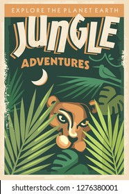 Jungle adventures retro poster design template. Vintage ad for adventure journey with wild animals and jungle trees. Vector illustration.