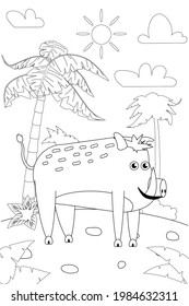 Jungle, Africa safari animal Boar coloring book edicational illustration for children. Vector white black cartoon outline illustration