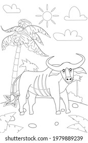 Jungle, Africa safari animal Buffalo coloring book edicational illustration for children. Vector white black cartoon outline illustration