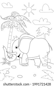 Jungle, Africa safari animal Elephant coloring book edicational illustration for children. Vector white black cartoon outline illustration