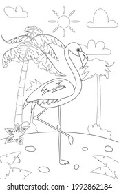 Jungle, Africa safari animal Flamingo coloring book edicational illustration for children. Vector white black cartoon outline illustration