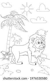 Jungle, Africa safari animal Lion coloring book edicational illustration for children. Vector white black cartoon outline illustration