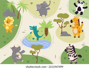 Jungle africa safari animal park plan map abstract concept. Vector graphic design illustration