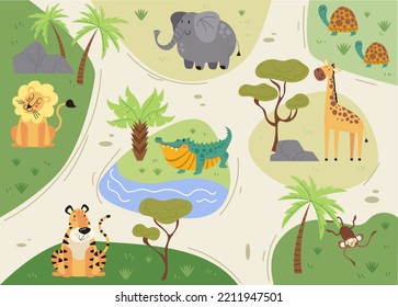 Jungle africa safari animal park plan map abstract concept. Vector graphic design illustration