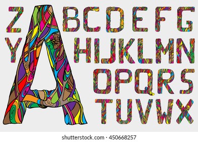 Jungle alphabet. Font type. Vector stock illustration.