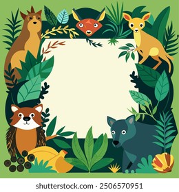 Jungle Animal Buddies Frame: Adorable cartoon animals peek from a lush jungle frame, leaving space for your message.