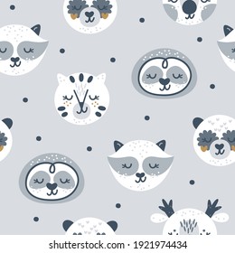 Jungle animal faces seamless pattern. Kids texture for fabric, wrapping, textile, wallpaper, apparel.