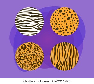 Jungle animal skin patterns in circles vector illustrations set. Cartoon drawings of seamless zebra, leopard, cheetah and tiger skin patterns on abstract background. Wildlife, design concept