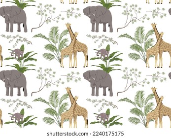 Jungle animal wallpaper seamless pattern. Repeating design element for printing on fabric. Flora and fauna, tropical and exotic animals. Giraffes and elephant. Cartoon flat vector illustration