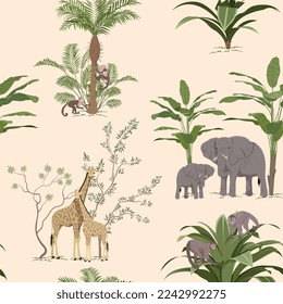 Jungle animal wallpaper seamless pattern. Repeating design element for printing on fabric. Giraffe, elephant and monkeys near trees, feldora and fauna, wild life. Cartoon flat vector illustration