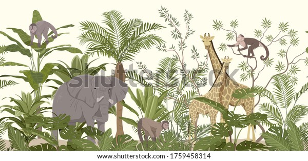 Jungle mural wallpaper with tropical vegetation and giraffes, elephant and monkeys hidden in the foliage, colored vector illustration.