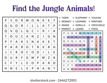 Jungle animal word search puzzle for kids. Includes a list of animals to find and a solution.