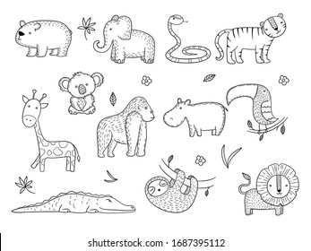 Jungle animals. African safari wildlife monkey hippopotamus tiger lines vector drawing pictures