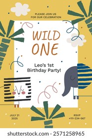 Jungle Animals Baby Shower Invitation. Lion, elephant, palms flat creative vector illustratons on card printable template.
