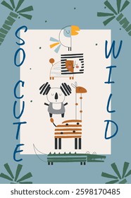 Jungle Animals Baby Shower Printable poster. Lion, giraffe, toucan, koala, crocodile, palms flat creative vector illustratons for wall interior nursery.
