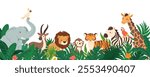 Jungle animals. Background with cartoon African mammals in tropical plants. Wild animal banner. Lion, elephant, zebra, tiger in leaves, bushes. Vector illustration.