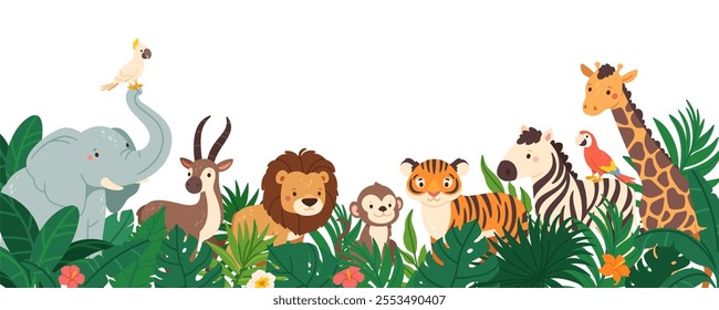 Jungle animals. Background with cartoon African mammals in tropical plants. Wild animal banner. Lion, elephant, zebra, tiger in leaves, bushes. Vector illustration.