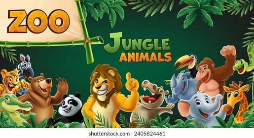 jungle animals banner with lion zebra gorilla tiger elephant rhinoceros giraffe toucan bear tiger snake panda crocodile hippo