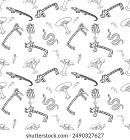  Jungle animals, black and white exotic birds and tropical plants. Seamless drawings for children and teenagers on textiles, prints, paper products, on the Internet. Universal. Vector design.