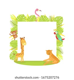 Jungle Animals with Blank Banner, Flamingo, Monkey, Parrot, Tiger, Giraffe, Standing Next to the Blank Signboard Vector illustration