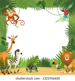 Jungle animals card. Frame animal tropical leaves greeting baby banner zoo border template party children, cartoon vector illustration