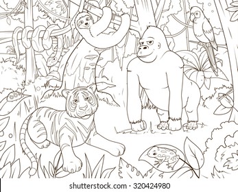 Jungle animals cartoon coloring book vector illustration