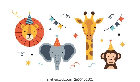 Jungle animals celebrate a birthday party with festive decorations and party hats