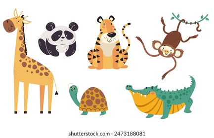 Jungle animals characters isolated set design element flat vector collection