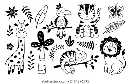 Jungle animals clipart. Black and white tropical clipart. Safari animal clip art in cartoon flat style. Tropical plants. Hand drawn vector illustration.