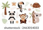 Jungle animals clipart. Tropical clipart. Safari animal clip art in cartoon flat style. Tropical plants. Hand drawn vector illustration.