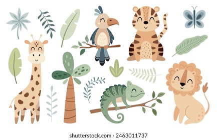 Clipart de animales de la selva. Clipart tropical. Arte de Clip animal Safari en estilo plano de dibujos animados. Plantas tropicales. Ilustración vectorial dibujada a mano