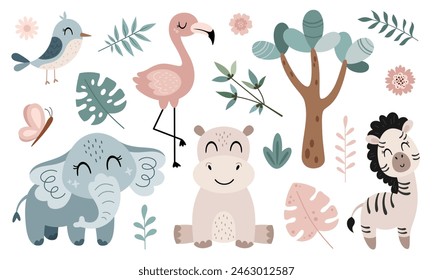 Jungle animals clipart. Tropical clipart. Safari animal clip art in cartoon flat style. Tropical plants. Hand drawn vector illustration.