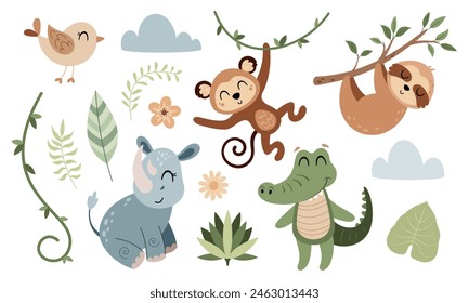 Clipart de animales de la selva. Clipart tropical. Arte de Clip animal Safari en estilo plano de dibujos animados. Plantas tropicales. Ilustración vectorial dibujada a mano