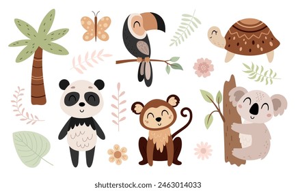 Clipart de animales de la selva. Clipart tropical. Arte de Clip animal Safari en estilo plano de dibujos animados. Plantas tropicales. Ilustración vectorial dibujada a mano