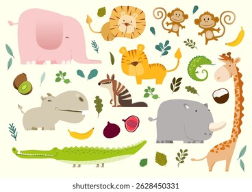 Jungle animals clipart. Tropical clipart. Safari animal clip art in cartoon flat style. Tropical plants. Hand drawn vector illustration