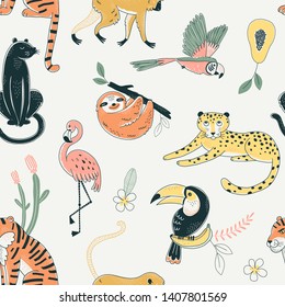 Jungle animals color vector seamless pattern. Flamingo, parrot, tiger background. Flora and fauna. Wild nature. Birds and predators. Decorative animal  textile, wallpaper, wrapping paper design