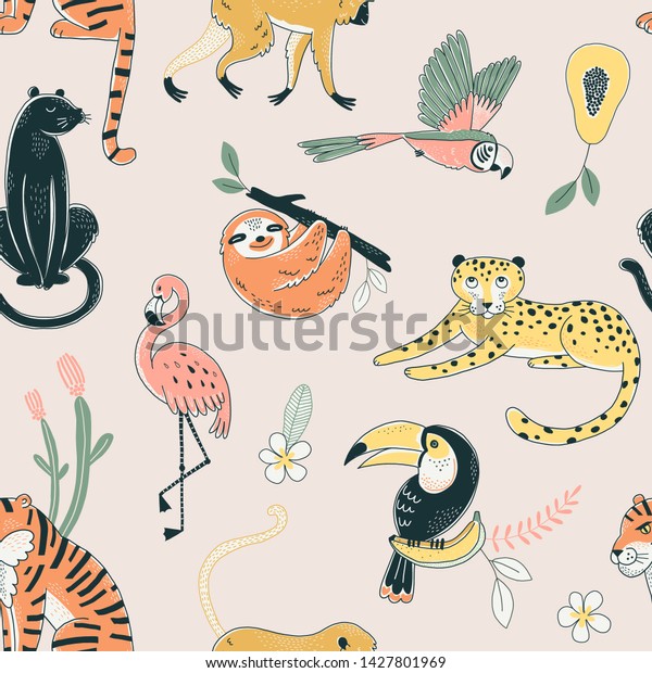 ジャングルの動物の色のシームレスなベクター画像 トラの背景にフラミンゴ 動植物 野性 鳥と捕食動物 動物の装飾的な織物 壁紙 包装紙デザイン のベクター画像素材 ロイヤリティフリー