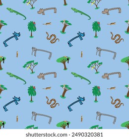  Jungle animals, colorful exotic birds and tropical plants. Seamless pattern for children and teenagers on textiles, prints, paper products, on the Internet. Universal. Vector. Illustration