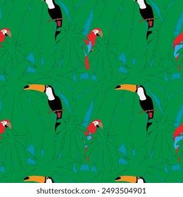 Jungle animals are colorful exotic birds and tropical plants. Seamless pattern for any age can be used on textiles, prints, paper products, on the Internet. Vector illustration. Vector illustration