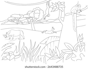 Jungle Animals Coloring Page Illustration, Black and white line art illustration of a jungle or safari scene featuring a rhino, a deer or antelope, and a monkey. Ideal for children's coloring books,