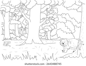 Jungle Animals Coloring Page Illustration, Black and white line art illustration perfect for coloring, featuring a bear, snake, and lizard in a lush jungle or forest environment.