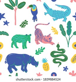 Jungle animals cute pattern. Repeatable and editable vector print for children. 