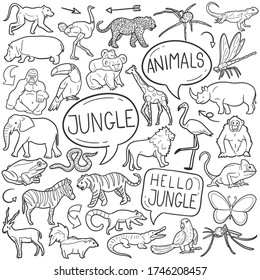 Jungle Animals doodle icon set. Wild Life Vector illustration collection. Africa Safari Hand drawn Line art style.