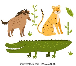 Animais de selva estilo plano design simples conjunto conceito. Ilustração gráfica de desenho animado vetorial