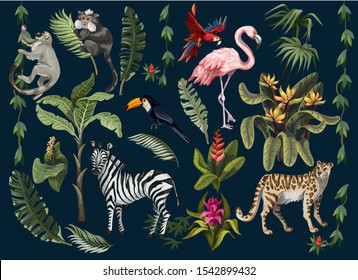 Jungle animals, flowers and trees isolated. Vector.