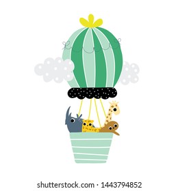 Jungle animals are flying in a hot air balloon. Cute kids print. Vector hand drawn illustration.